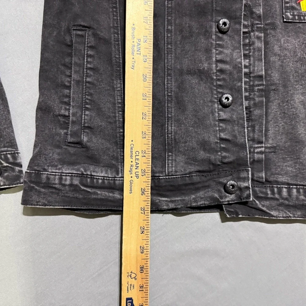 Born Fly Denim Jacket Mens XL Black Acid Wash Graphic Patch Streetwear Trucker